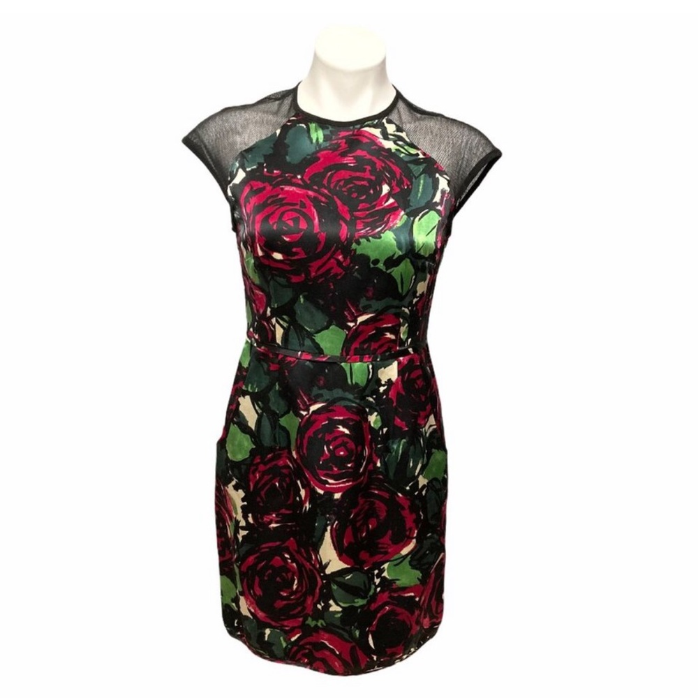 NWT Nanette Lepore Daring Rose Silk Sheath Mini Dress Sheer Mesh Panels Floral 8 - Picture 2 of 12